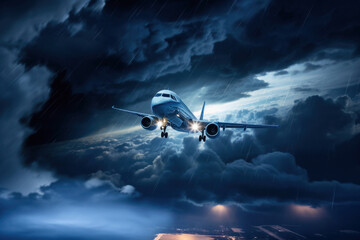 passenger jet plane flies through powerful cumulus clouds, night cloudy landscape