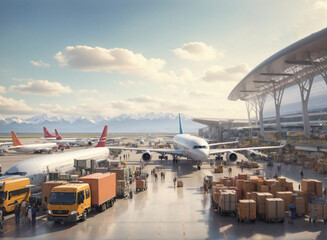 A bustling international airport, with flights from all over the world arriving and departing with cargo and passengers
