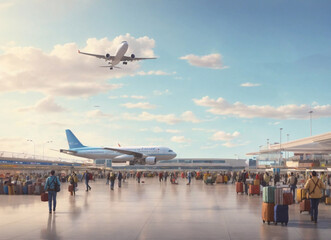 A bustling international airport, with flights from all over the world arriving and departing with cargo and passengers