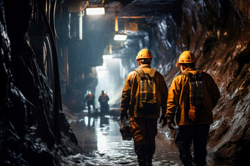 group mining workers walks through tunnel coal mine - 642317988
