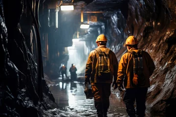 Zelfklevend Fotobehang group mining workers walks through tunnel coal mine © nordroden