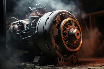 working electric motor, factory, dirty dusty motor, the motor is very hot there is smoke