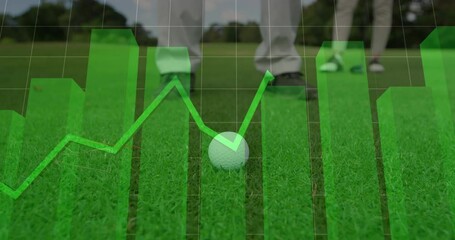Animation of multiple graphs over low section of caucasian man hitting golf ball with club - Powered by Adobe