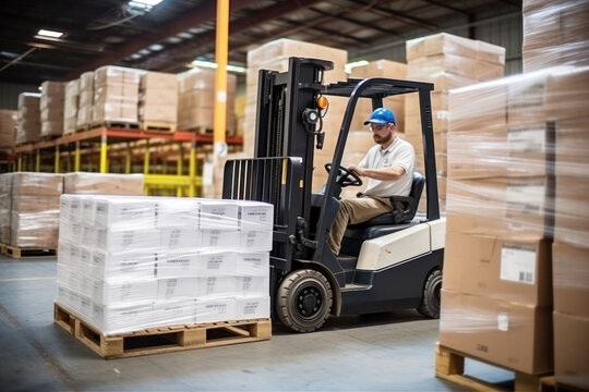 Photo of a man operating a forklift in a busy warehouse