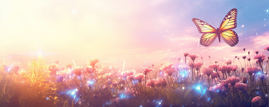 Fototapeta Mystical beautiful butterfly in a magical flower field. Butterfly fly over flowers meadow.