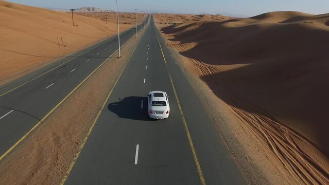 Back view of a white Chrysler on the asphalt road in the savage. The drone follows the car.