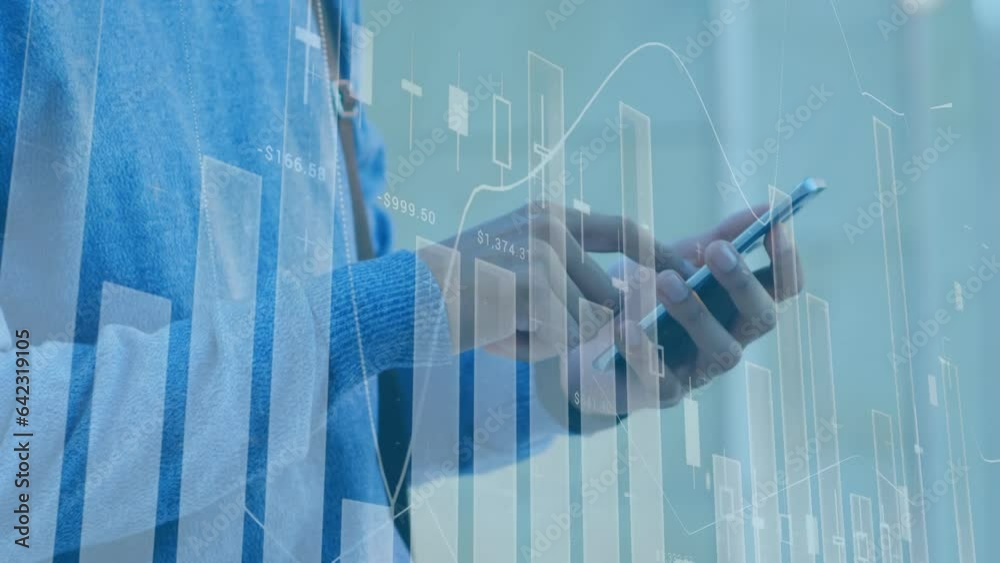 Poster animation of statistical data processing against mid section of a man using smartphone