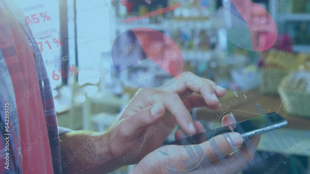 Poster Animation of statistical data processing over mid section of man using smartphone at a grocery store