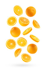 Juicy oranges as flow fly or fall as art composition. Whole, half, round slices fruit isolated on white background with shadow. Tropical fruits for advertising, design, label product, poster, card.
