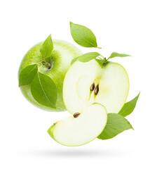 Juicy green apples with green leaves closeup levitation on white background as art composition,...