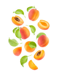 Ripe orange apricot with pink side, green leaves as flow fly or fall as art composition. Whole, half, quarter piece fruits isolated on white background. Fruits for advertising, design, label product.