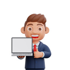 3d Businessman showing laptop screen