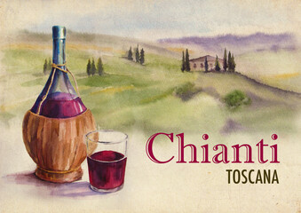 A high resolution poster of the Italian wine with a bottle, a glass and a Tuscany landscape on the background, watercolour illustration