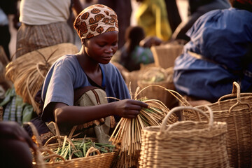 African woman selling handmade baskets at the market in Chobe, Botswana. - obrazy, fototapety, plakaty