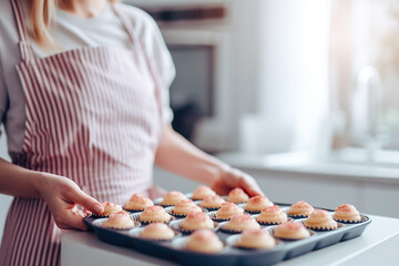 Cropped image of woman holding baking tray with cupcakes at home