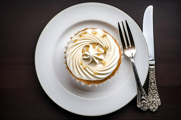 Delicious cupcake, sweet baked treat served on a plate, top down view, top down photograph