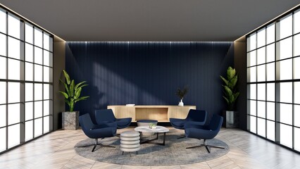 - Ocean Blue color hotel lounge with windows and chairs matching the color for waiting room, 3D render.