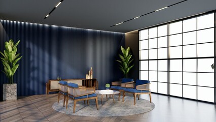 - Ocean Blue color hotel lounge with windows and chairs matching the color for waiting room, 3D render.