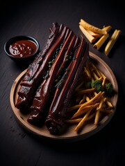 Grilled steak with fris on a wooden table