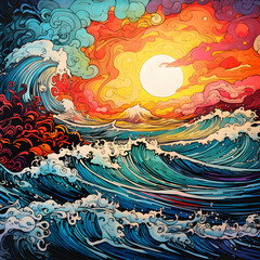 abstract background with waves, sunset art, watercolor drawing - AI Generative