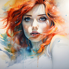 Fototapeta premium watercolor painting capturing the essence of a stunning young woman with fiery red hair, captivating blue eyes, porcelain-like skin, and a thoughtful, soulful expression - AI Generative