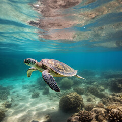 Sea turtle glides in blue ocean. Turtle swim underwater.