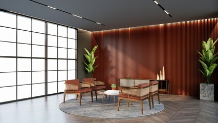 -apricot color hotel lounge with windows and chairs matching the color for waiting room, 3D render.