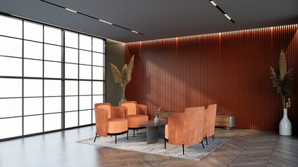 -apricot color hotel lounge with windows and chairs matching the color for waiting room, 3D render.