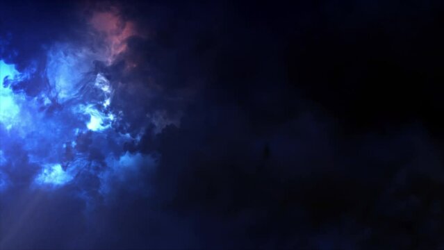 Lightning discharge and light effects in the clouds. Thunderclouds in bright flashes of lightning. Bad weather. Looped
