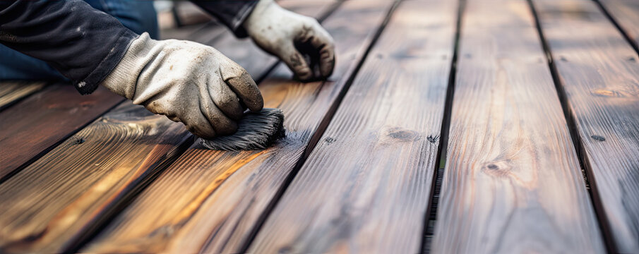 Hands detail of restore wooden terrace. wide banner - Powered by Adobe