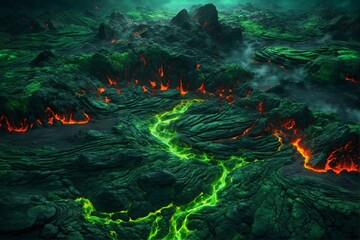 Fototapeta na wymiar Green and Red Lava Texture Background, Glowing Lava Texture Background, Magma Flow, Lava Flow, Cracked Lava, AI Generative