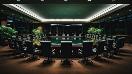 Interior of modern office meeting room with panoramic city view