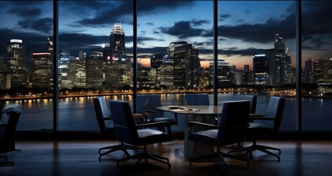 Office Chairs and Modern City Skyscrapers at Night. Office with panoramic view window.