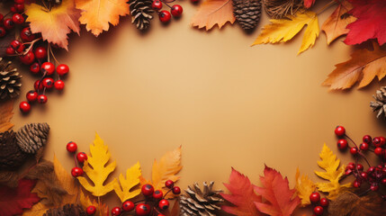 Frame of colorful red and yellow autumn leaves with cones and rowan berries on trendy beige...