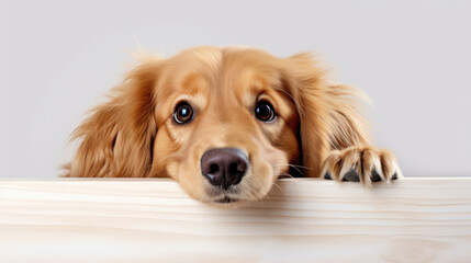 Dog in peeking out from behind a white table with copy space, isolated on white background.