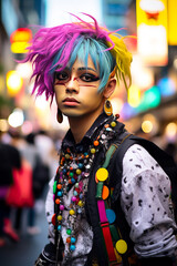 Boy or man dressed as anime character or Harajuku, pose at a cosplay gathering in Japan. Shallow field of view.