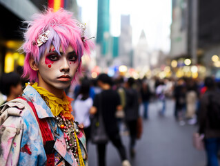 Boy or man dressed as anime character or Harajuku, pose at a cosplay gathering in Japan. Shallow field of view.