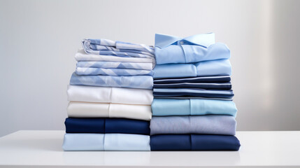 Folded clothes in stacks of various simple blue placed on a table on a light background