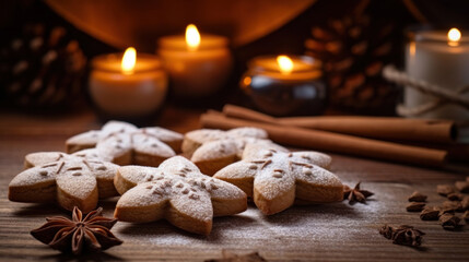 Traditional Christmas cookies: cinnamon, stars and candles on a wooden table