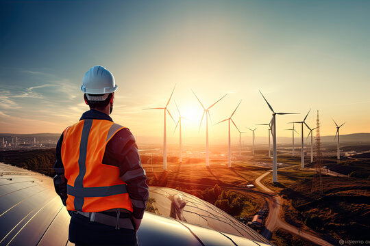 an engineer stands on top of a windmill and looks at a beautiful sunset landscape.	
