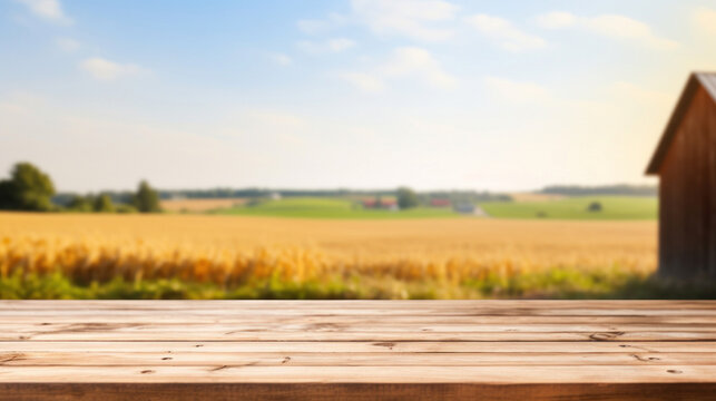 Empty wooden table top with blur background of farm and barn
