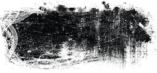 Glitch distorted grange shape . Noise grungy logo . Trendy defect error shapes . Glitched frame .Grunge textured . Distressed effect .Vector shapes with a halftone dots screen print texture.