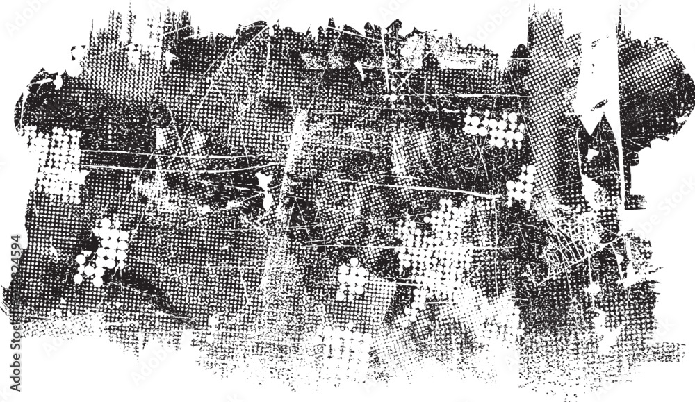 Poster Glitch distorted grange shape . Noise grungy logo . Trendy defect error shapes . Glitched frame .Grunge textured . Distressed effect .Vector shapes with a halftone dots screen print texture.