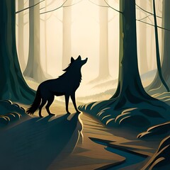 wolf silhouette in dark fantasy forest.AI generated