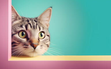 Creative animal concept. Tabby cat kitty kitten peeking over pastel bright background....