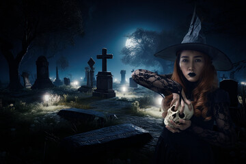 Halloween witch holding a skull standing in graveyard with tombstones at night, Halloween mystery concept