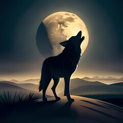 Silhouette of howling wolf against dark toned foggy background and full moon or Wolf in silhouette howling to the full moon.AI generated