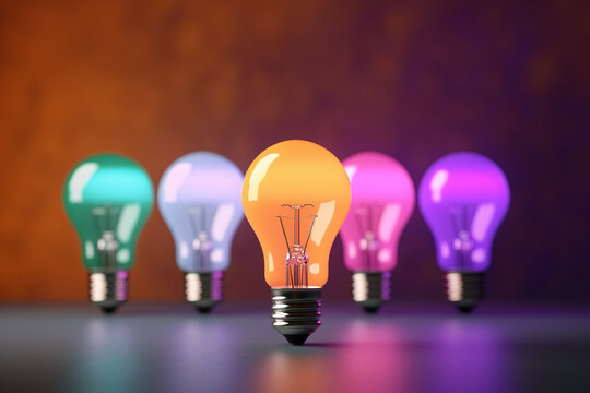 Idea concept with fluorescent light colorful bulbs. 3d render illustration.