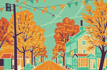 Autumnal Ambiance: A Vintage Illustration of Suburban Streets