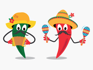 Cartoon red and green chili pepper and mustache wearing mexican sombrero,maracas and accordion